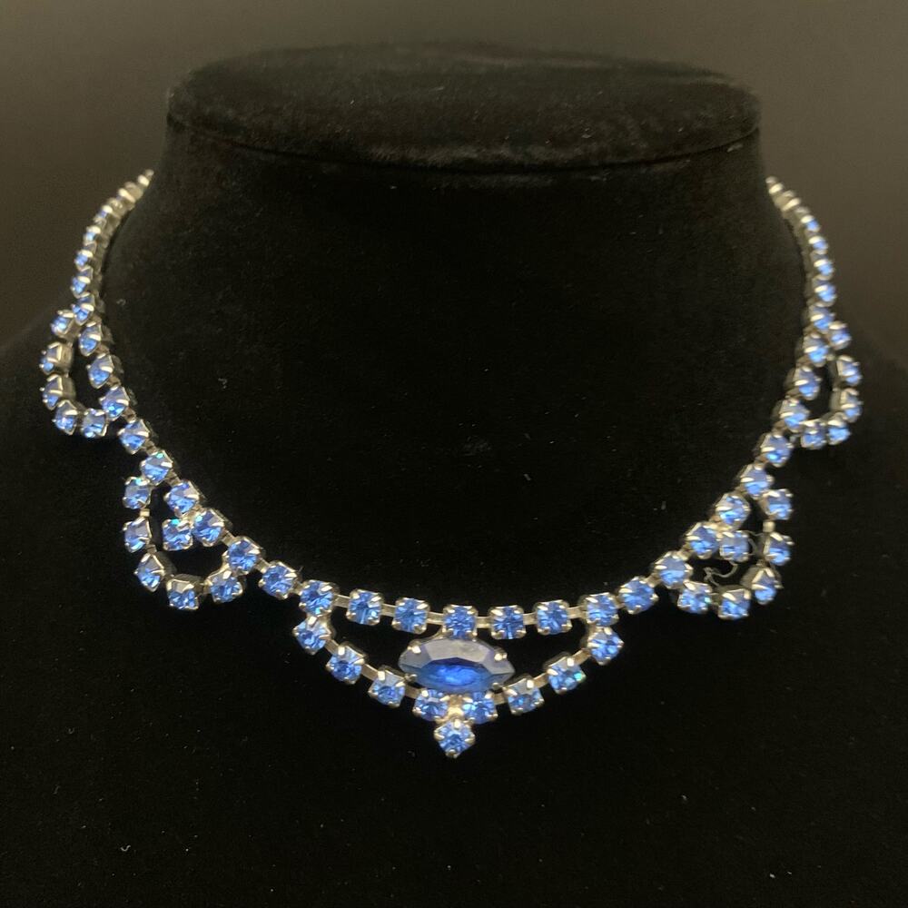 Vintage Blue Marquis & Chaton Rhinestone Statement Necklace
